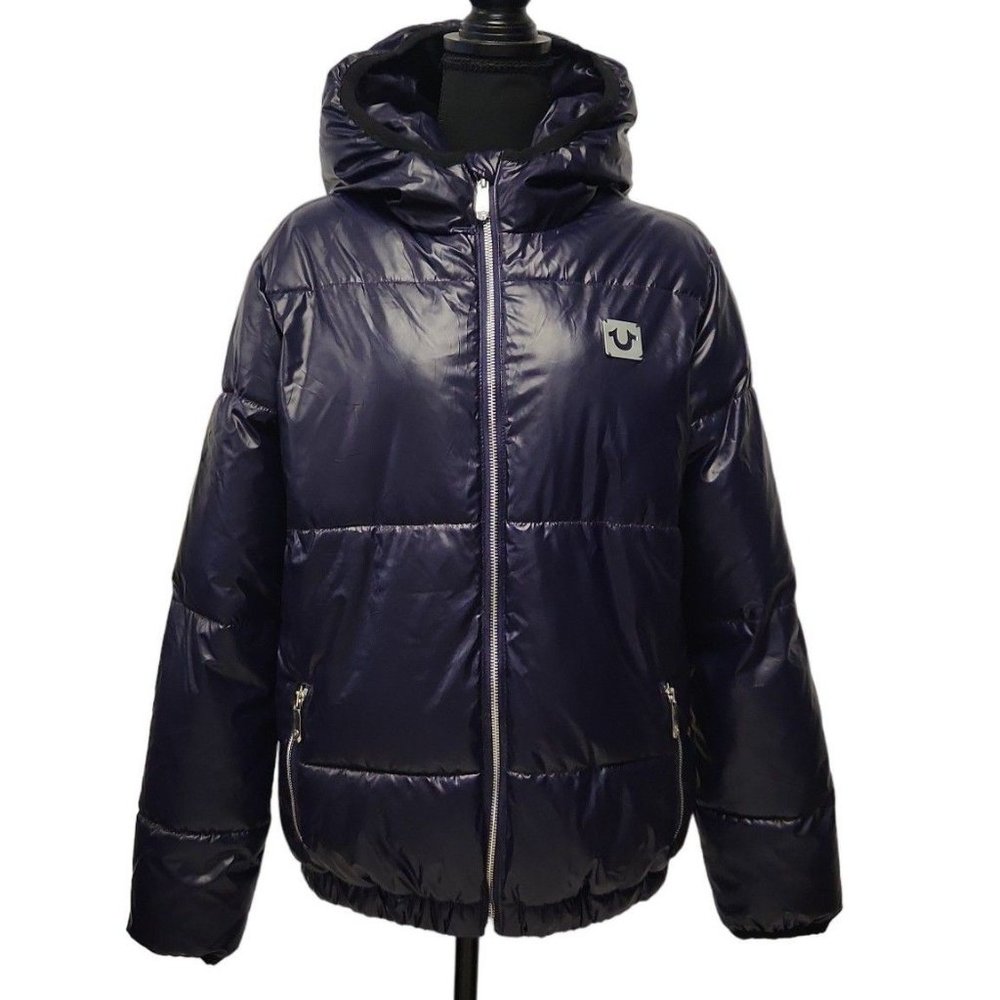 True Religion Womens Purple Long Sleeve Hooded Quilted Puffer Jacket Size Medium